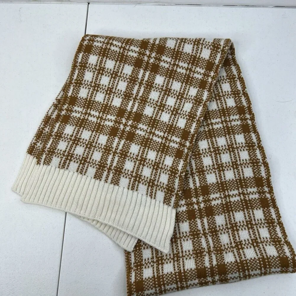 Timberland Scarf Wheat Buffalo Plaid Knit One Size 64 In X 10 In‎ Ribbed Trim